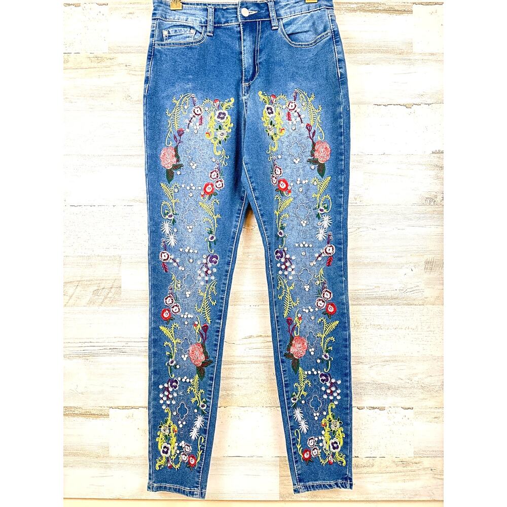 K. Jordan Womens 6 Blue Floral Embroidered Mid Rise Denim Jeans Boho